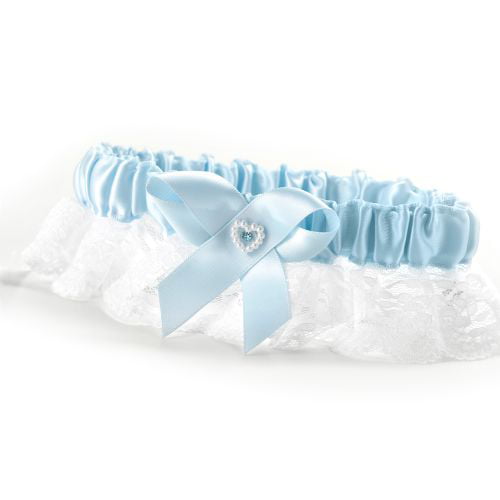 Cream lace & Blue satin plus size Garter With Pearl heart & rhinstones 